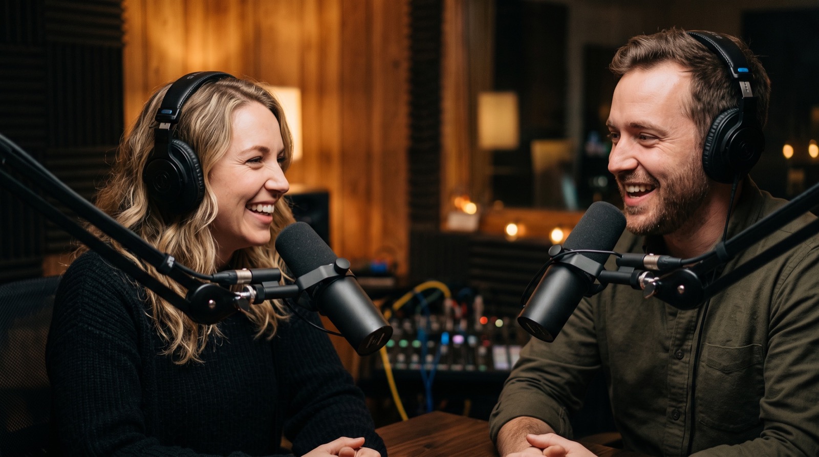 Two podcast hosts recording in a studio