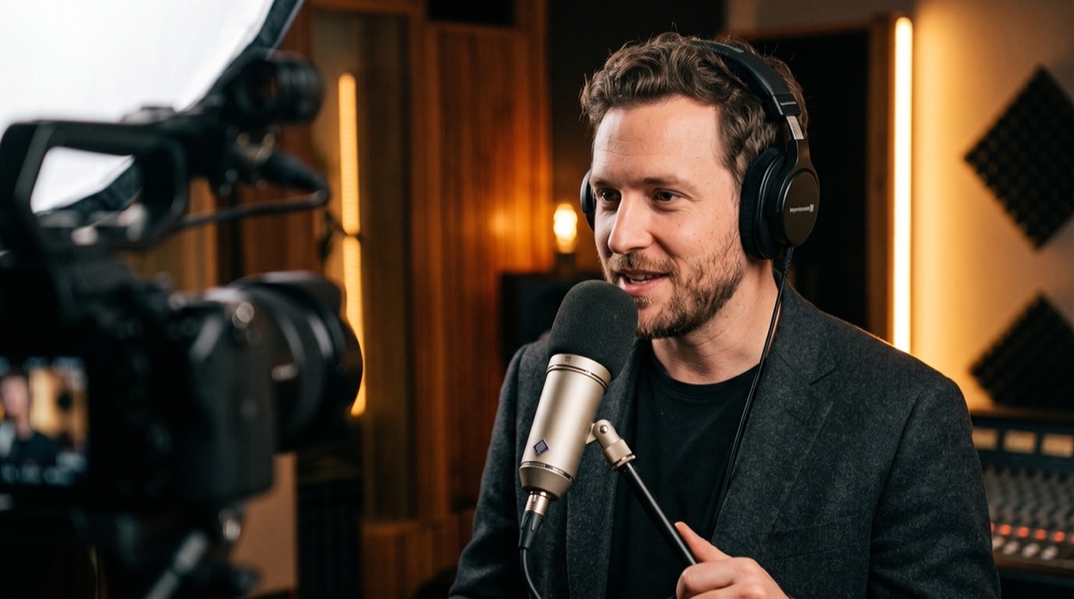 A host recording on camera in a podcast studio
